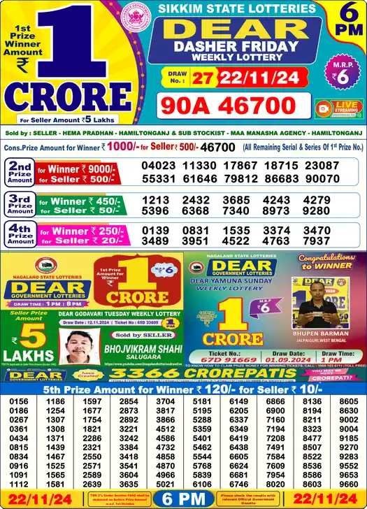 Lottery Sambad 22.11.24 Dear Lottery 6 PM November 22, 2024