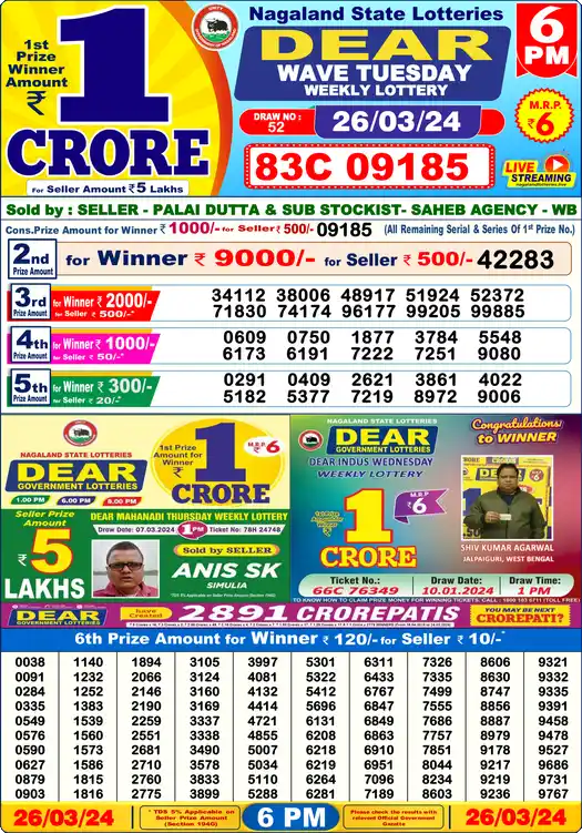 Lottery Sambad 26.03.24 Dear Lottery 6 PM March 26, 2024