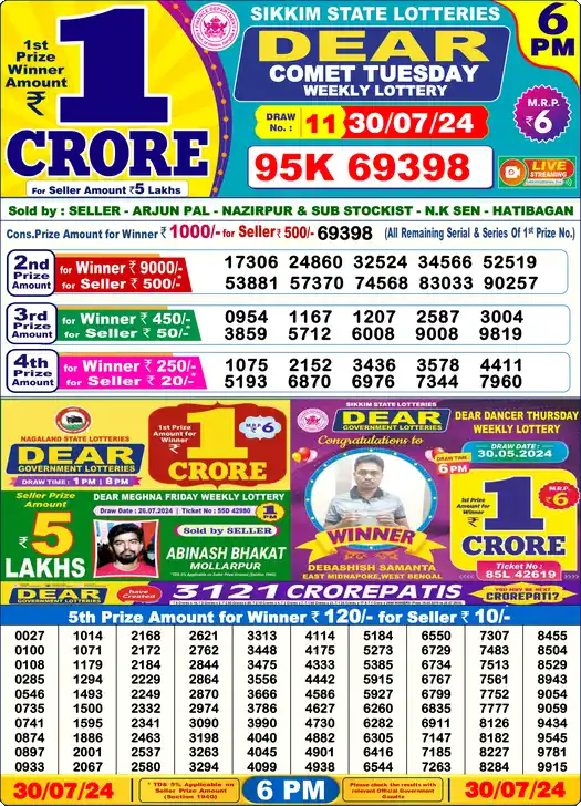 Lottery Sambad 30.07.24 Dear Lottery 6 PM July 30, 2024