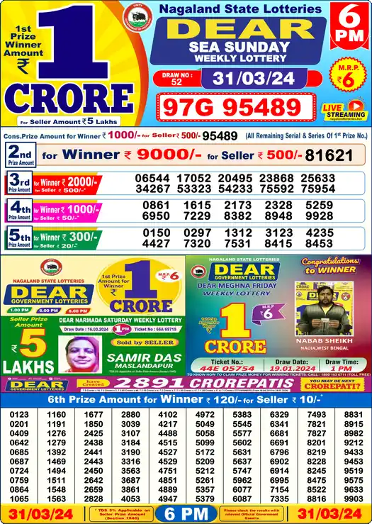 Lottery Sambad 31.03.24 Dear Lottery 6 PM March 31, 2024