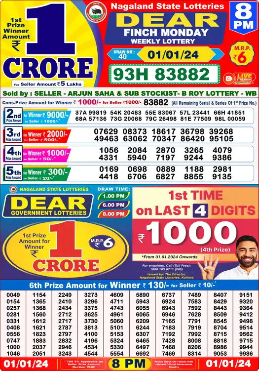 Lottery Sambad 01.01.24 Dear Lottery 8 PM January 01, 2024