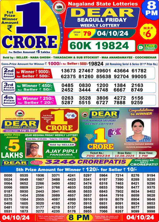 Lottery Sambad 04.10.24 Dear Lottery 8 PM October 04, 2024
