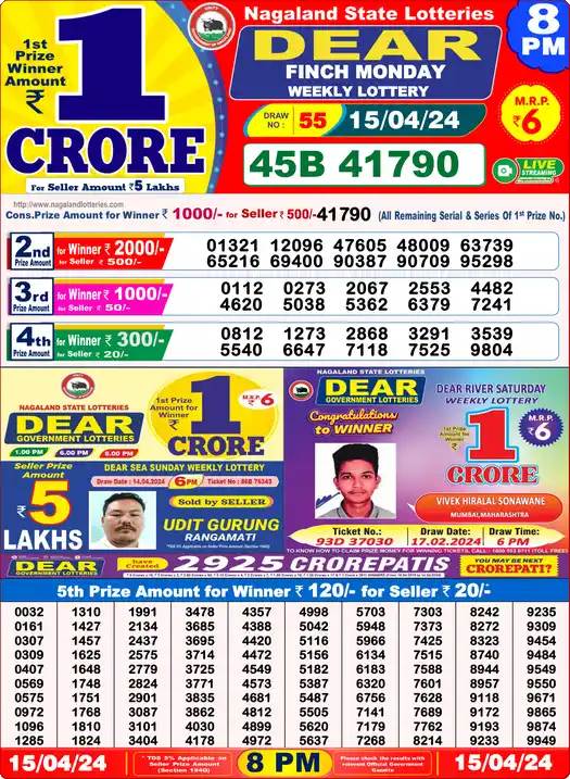 Lottery Sambad 15.04.24 Dear Lottery 8 PM April 15, 2024
