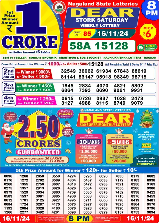 Lottery Sambad 16.11.24 Dear Lottery 8 PM November 16, 2024