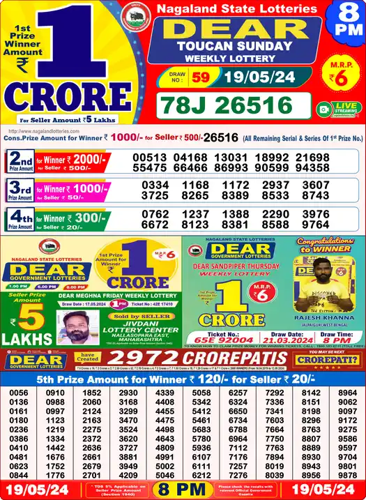 Lottery Sambad 19.05.24 Dear Lottery 8 PM May 19, 2024