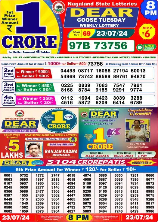 Lottery Sambad 23.07.24 Dear Lottery 8 PM July 23, 2024