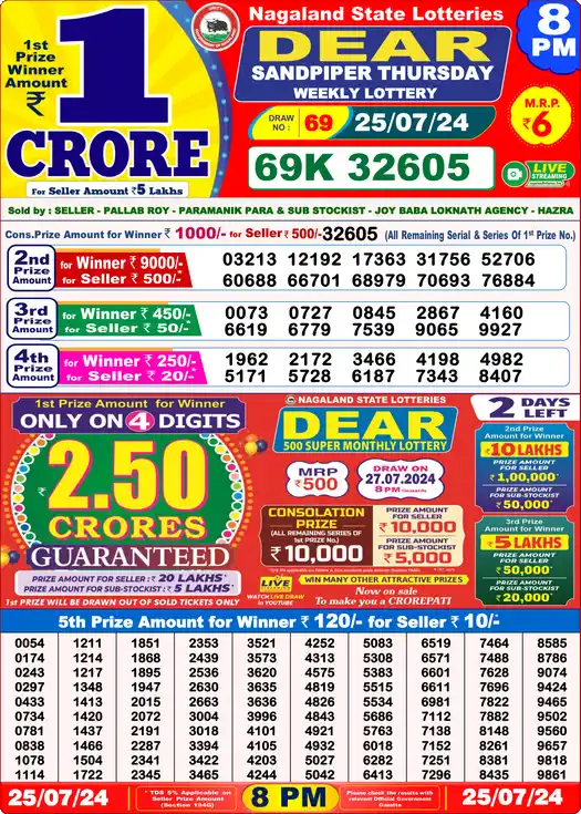 Lottery Sambad 25.07.24 Dear Lottery 8 PM July 25, 2024