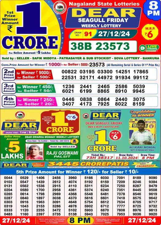 Lottery Sambad 27.12.24 Dear Lottery 8 PM December 27, 2024
