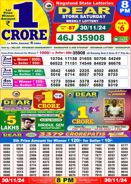 Lottery Sambad 30.11.24 Dear Lottery 8 PM November 30, 2024