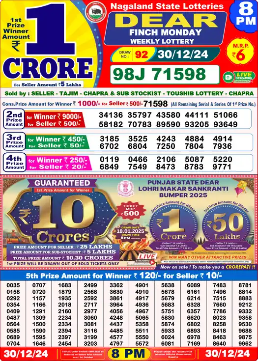 Lottery Sambad 30.12.24 Dear Lottery 8 PM December 30, 2024