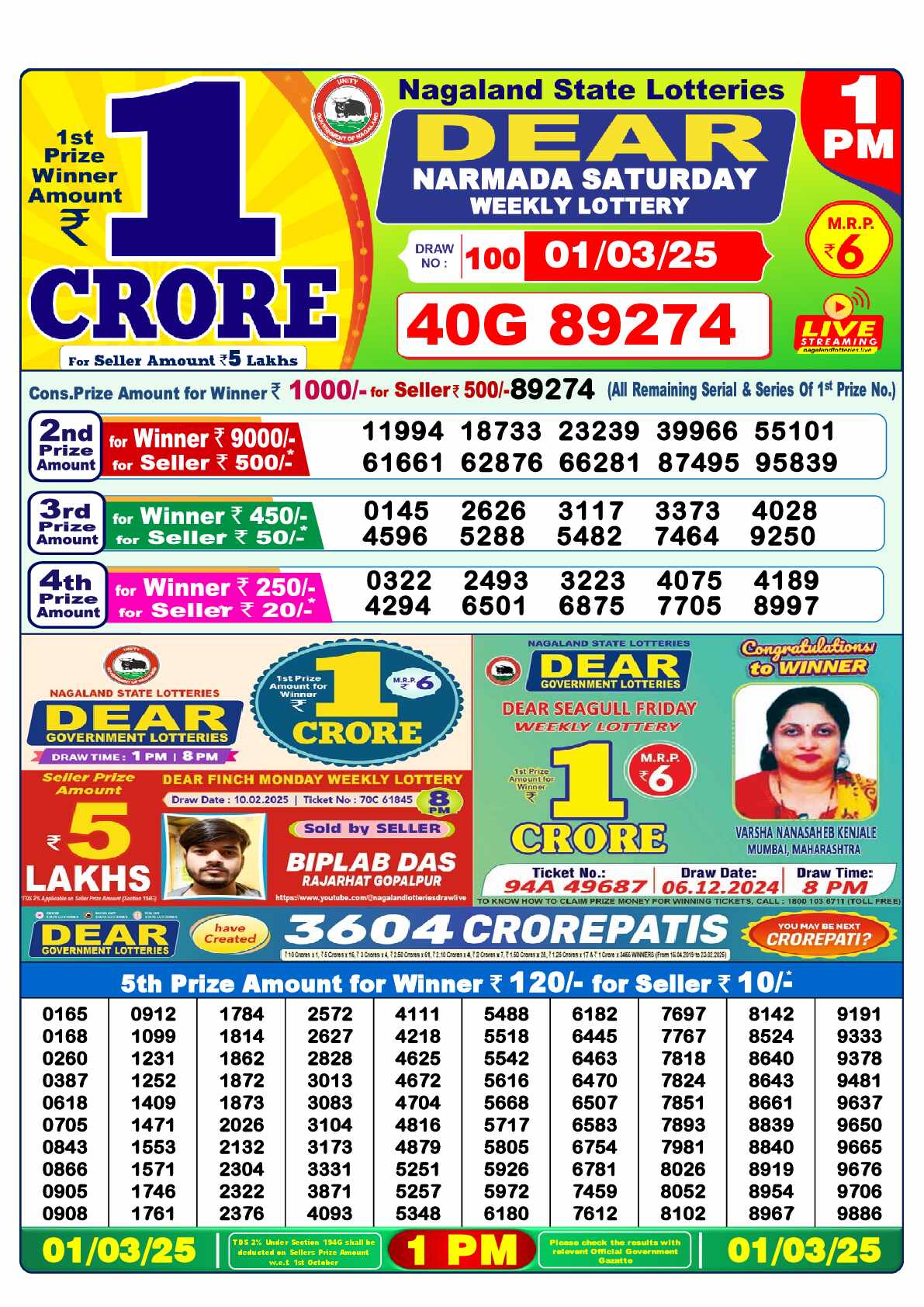 Lottery Sambad 01.03.25 Dear Lottery 1 PM March 01, 2025