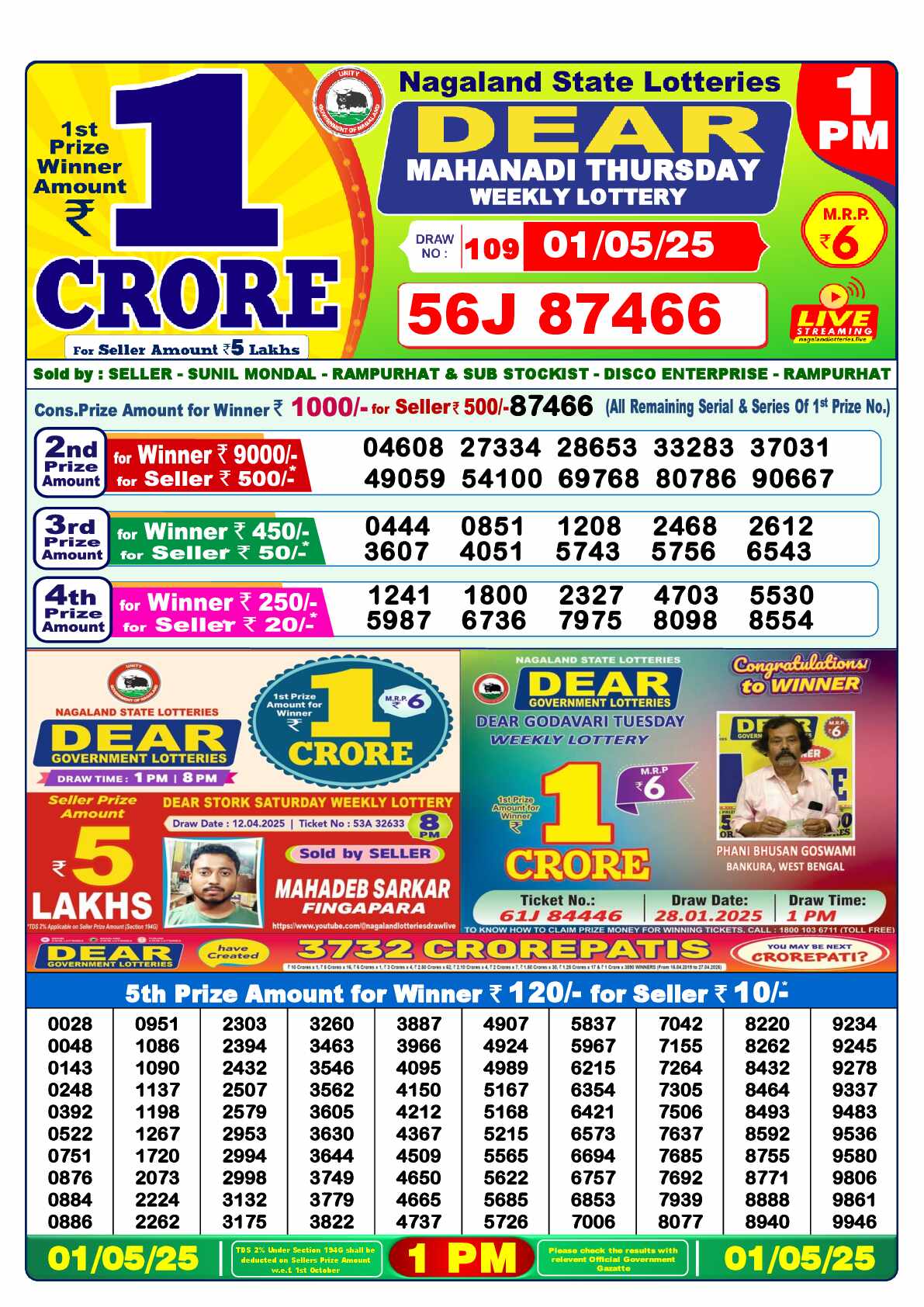 Lottery Sambad 01.05.25 Dear Lottery 1 PM May 01, 2025