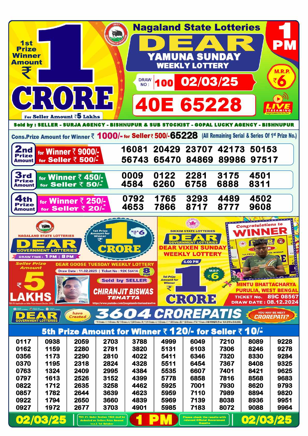 Lottery Sambad 02.03.25 Dear Lottery 1 PM March 02, 2025