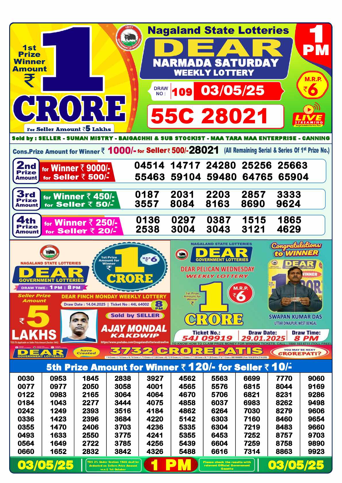 Lottery Sambad 03.05.25 Dear Lottery 1 PM May 03, 2025