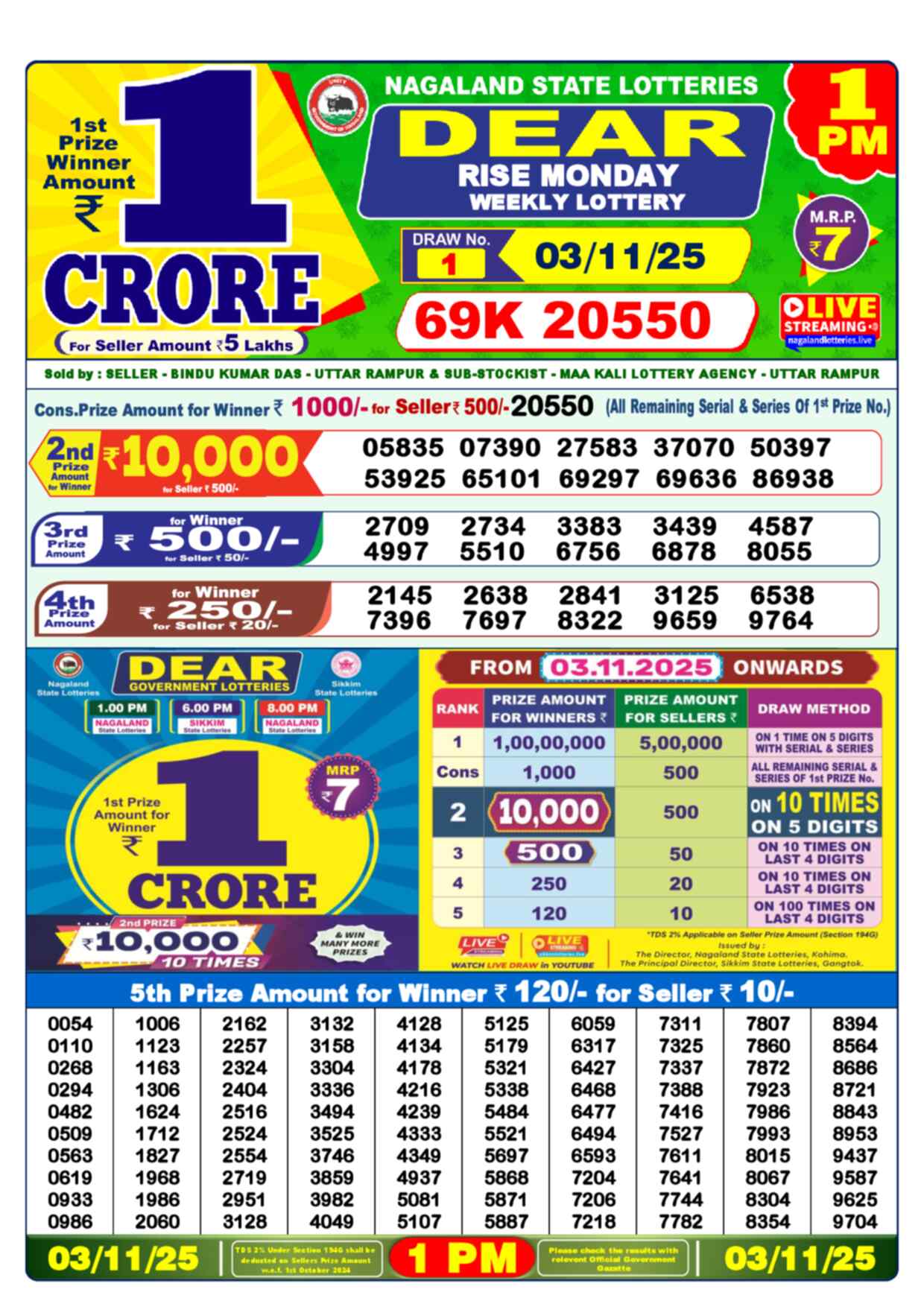 Lottery Sambad 03.11.25 Dear Lottery 1 PM November 03, 2025
