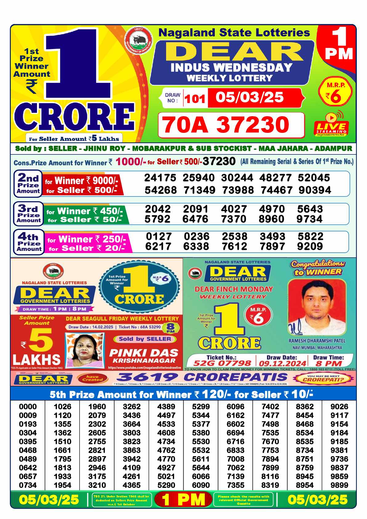 Lottery Sambad 05.03.25 Dear Lottery 1 PM March 05, 2025