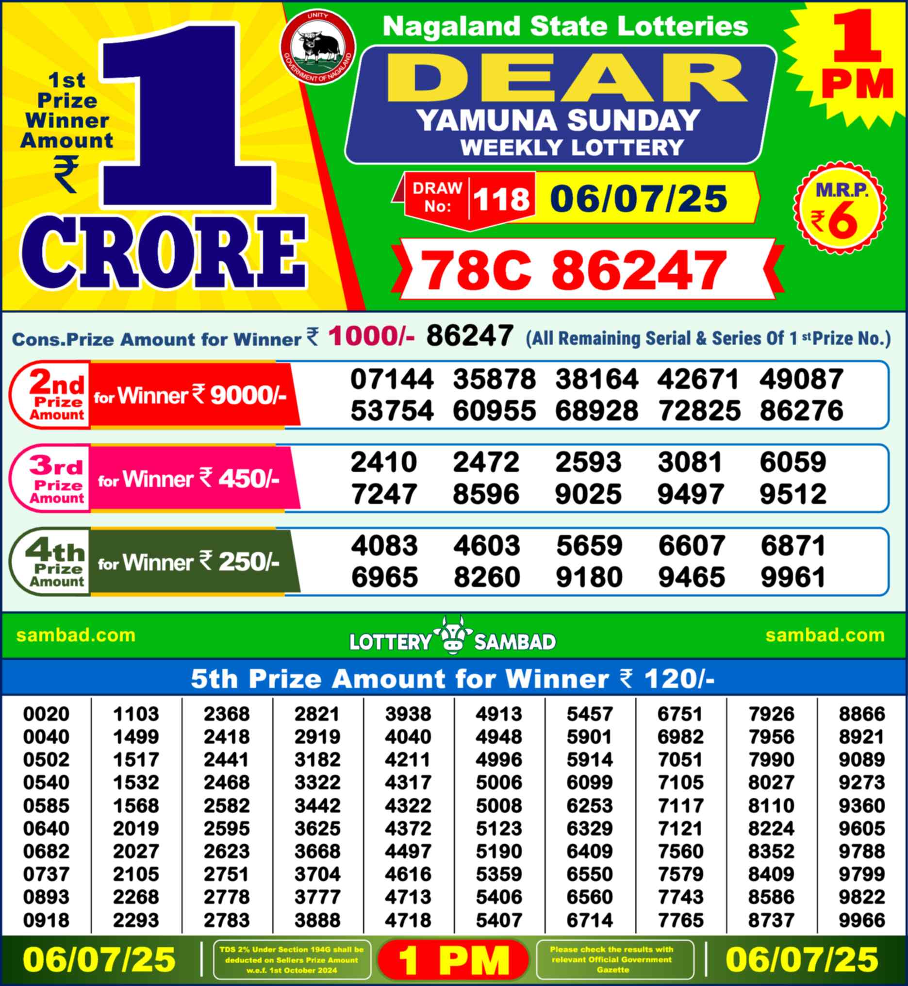 Lottery Sambad 06.07.25 Dear Lottery 1 PM July 06, 2025