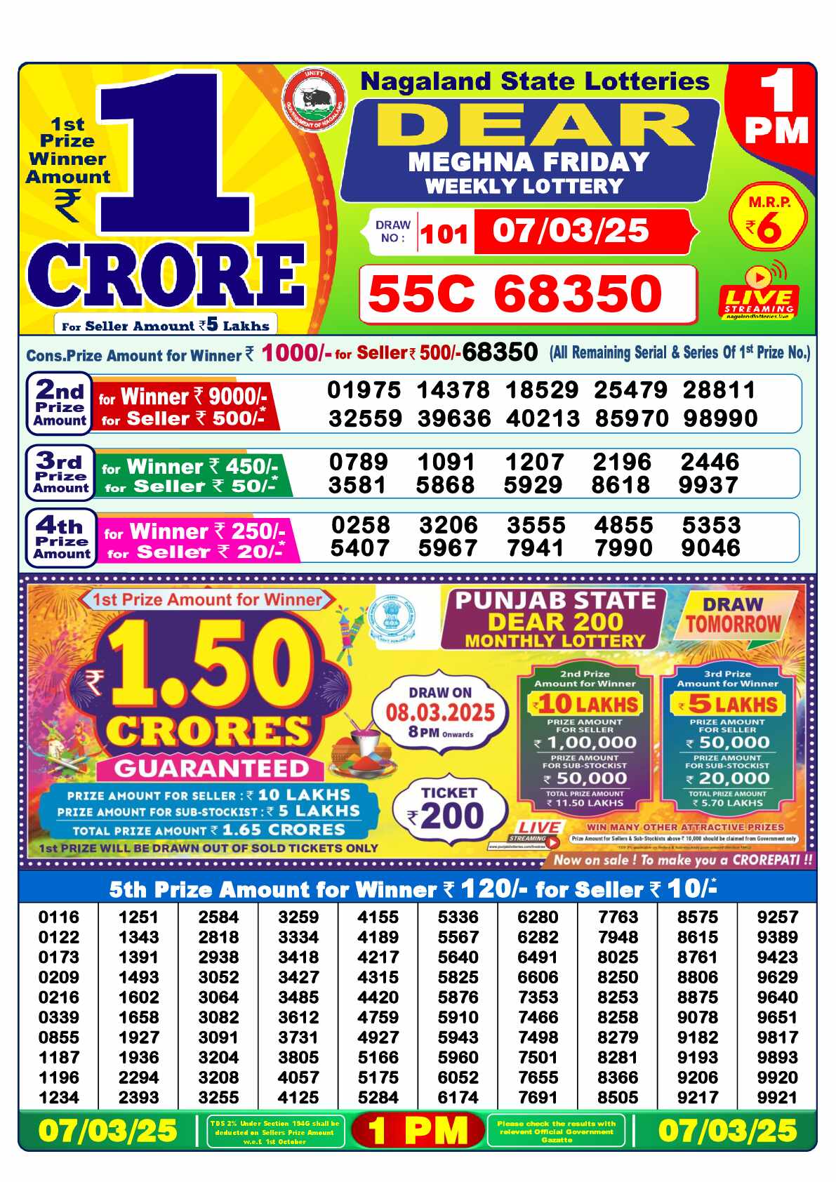 Lottery Sambad 07.03.25 Dear Lottery 1 PM March 07, 2025