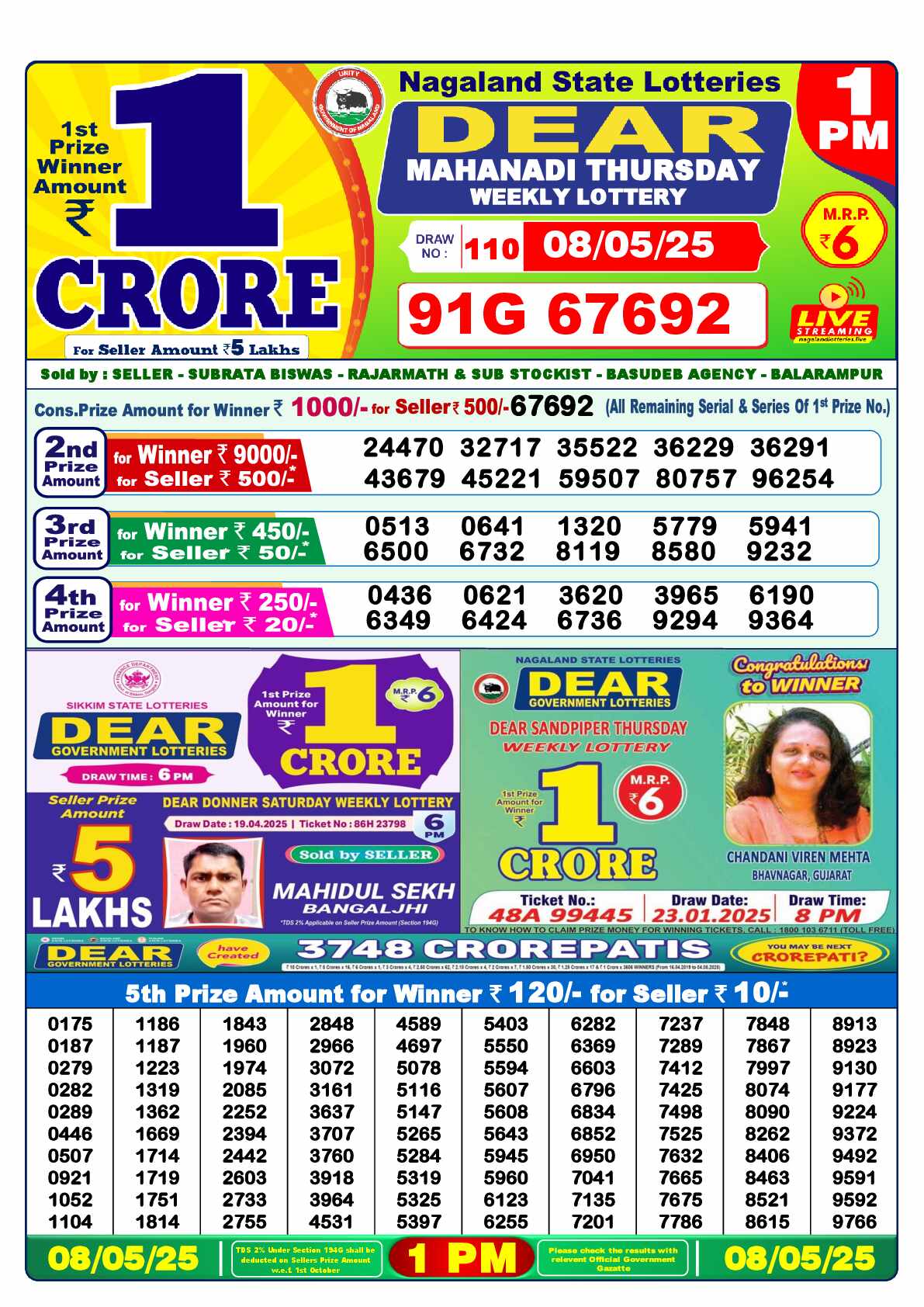 Lottery Sambad 08.05.25 Dear Lottery 1 PM May 08, 2025