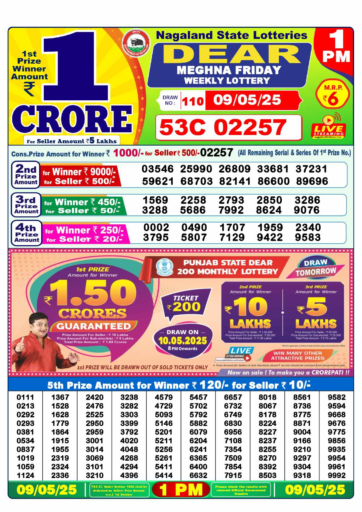 Lottery Sambad 09.05.25 Dear Lottery 1 PM May 09, 2025