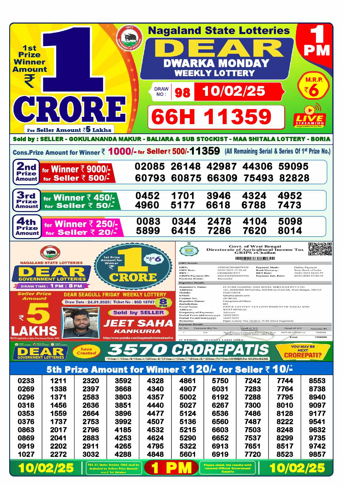 Lottery Sambad 10.02.25 Dear Lottery 1 PM February 10, 2025