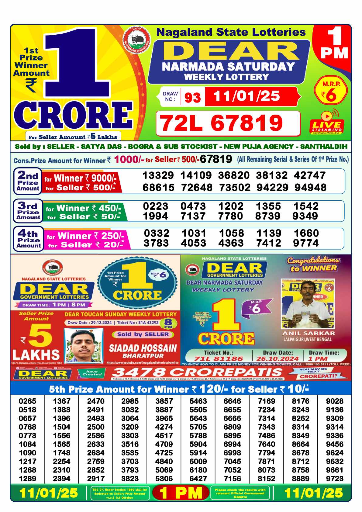 Lottery Sambad 11.01.25 Dear Lottery 1 PM January 11, 2025