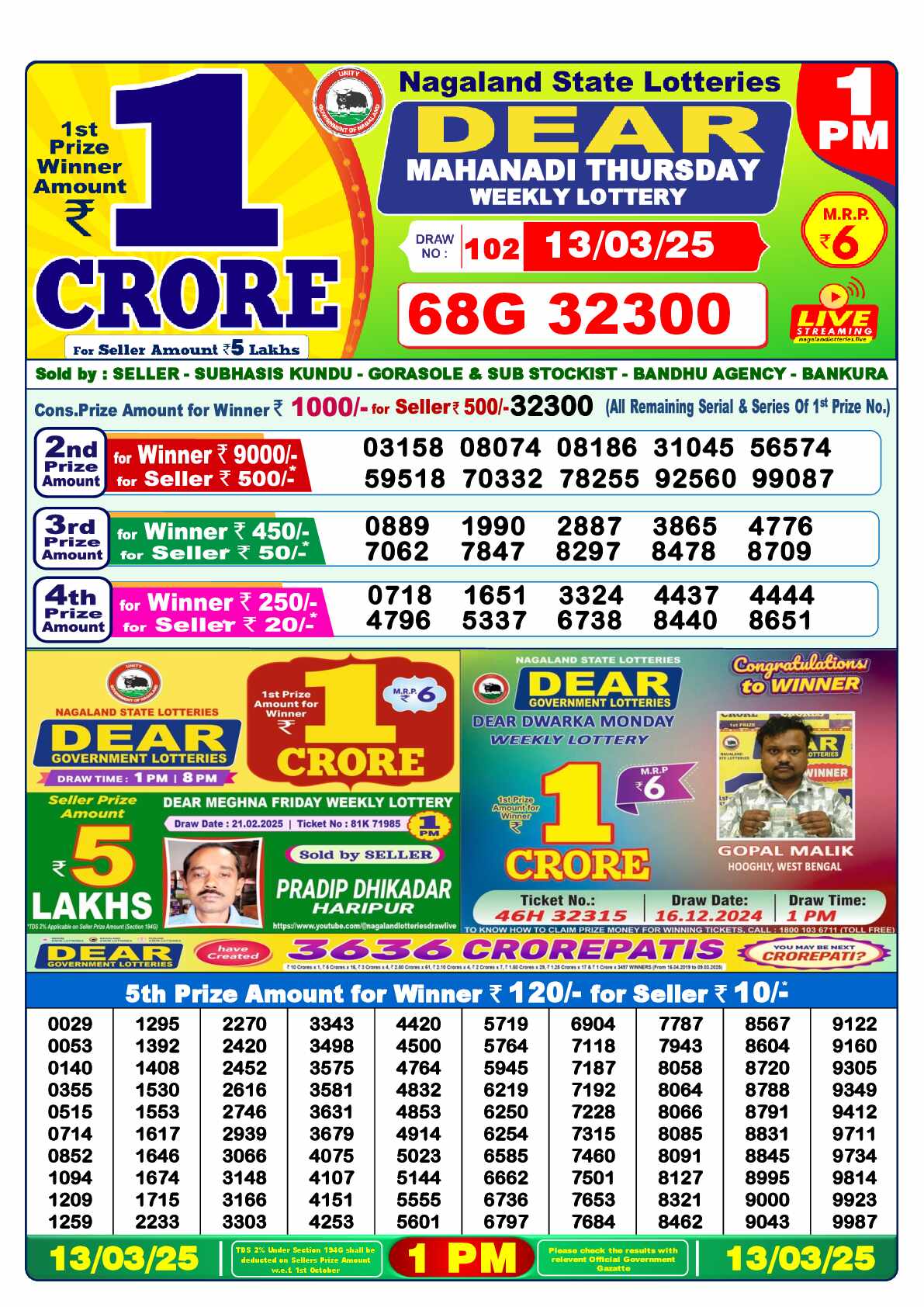 Lottery Sambad 13.03.25 Dear Lottery 1 PM March 13, 2025