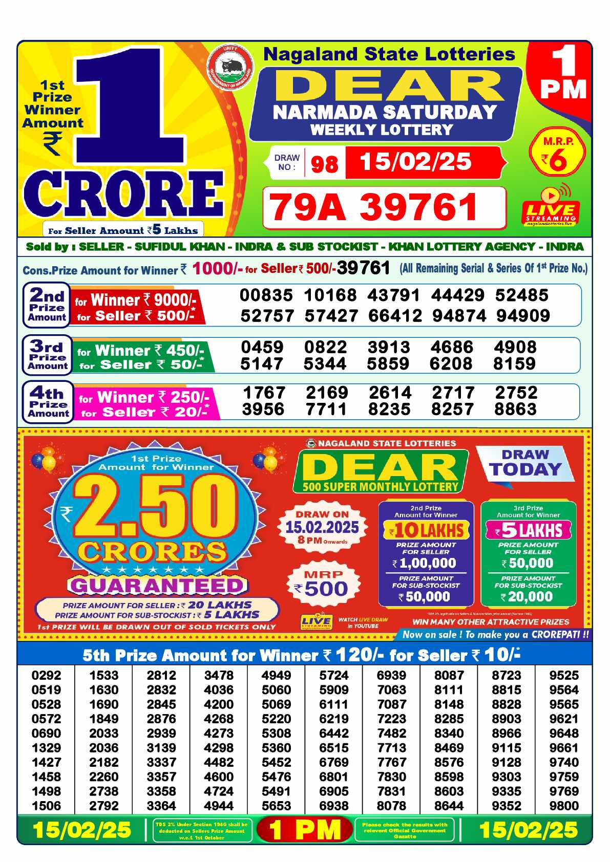 Lottery Sambad 15.02.25 Dear Lottery 1 PM February 15, 2025