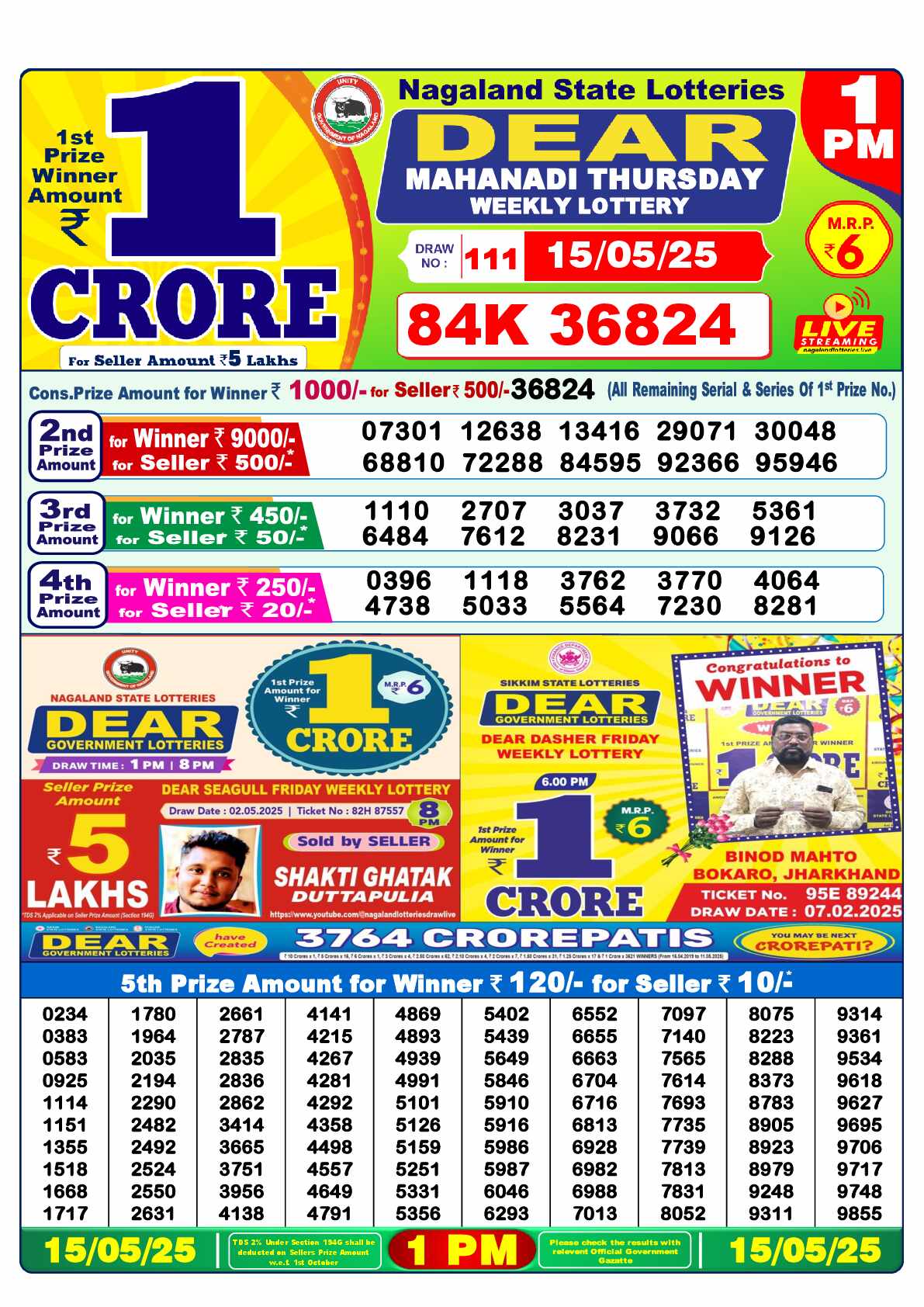 Lottery Sambad 15.05.25 Dear Lottery 1 PM May 15, 2025