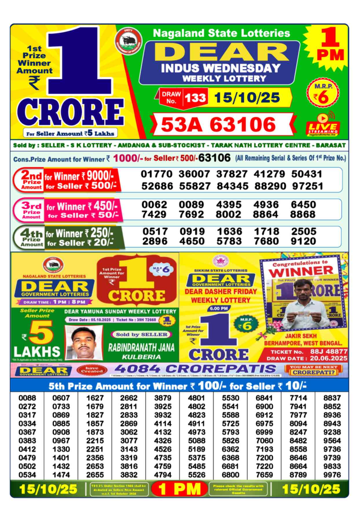 Lottery Sambad 15.10.25 Dear Lottery 1 PM October 15, 2025