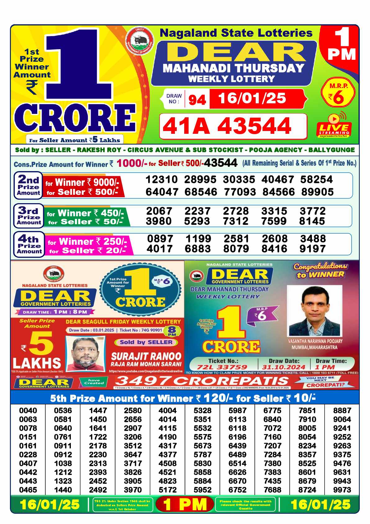 Lottery Sambad 16.01.25 Dear Lottery 1 PM January 16, 2025