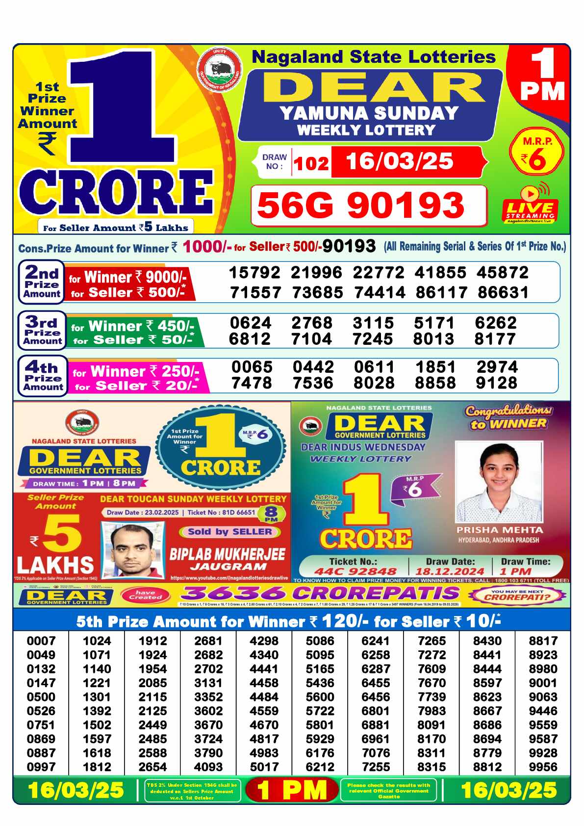 Lottery Sambad 16.03.25 Dear Lottery 1 PM March 16, 2025