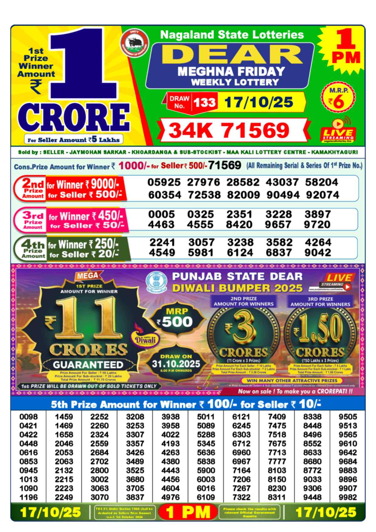 Lottery Sambad 17.10.25 Dear Lottery 1 PM October 17, 2025
