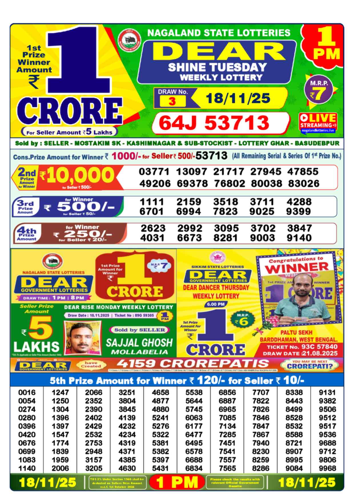 Lottery Sambad 18.11.25 Dear Lottery 1 PM November 18, 2025
