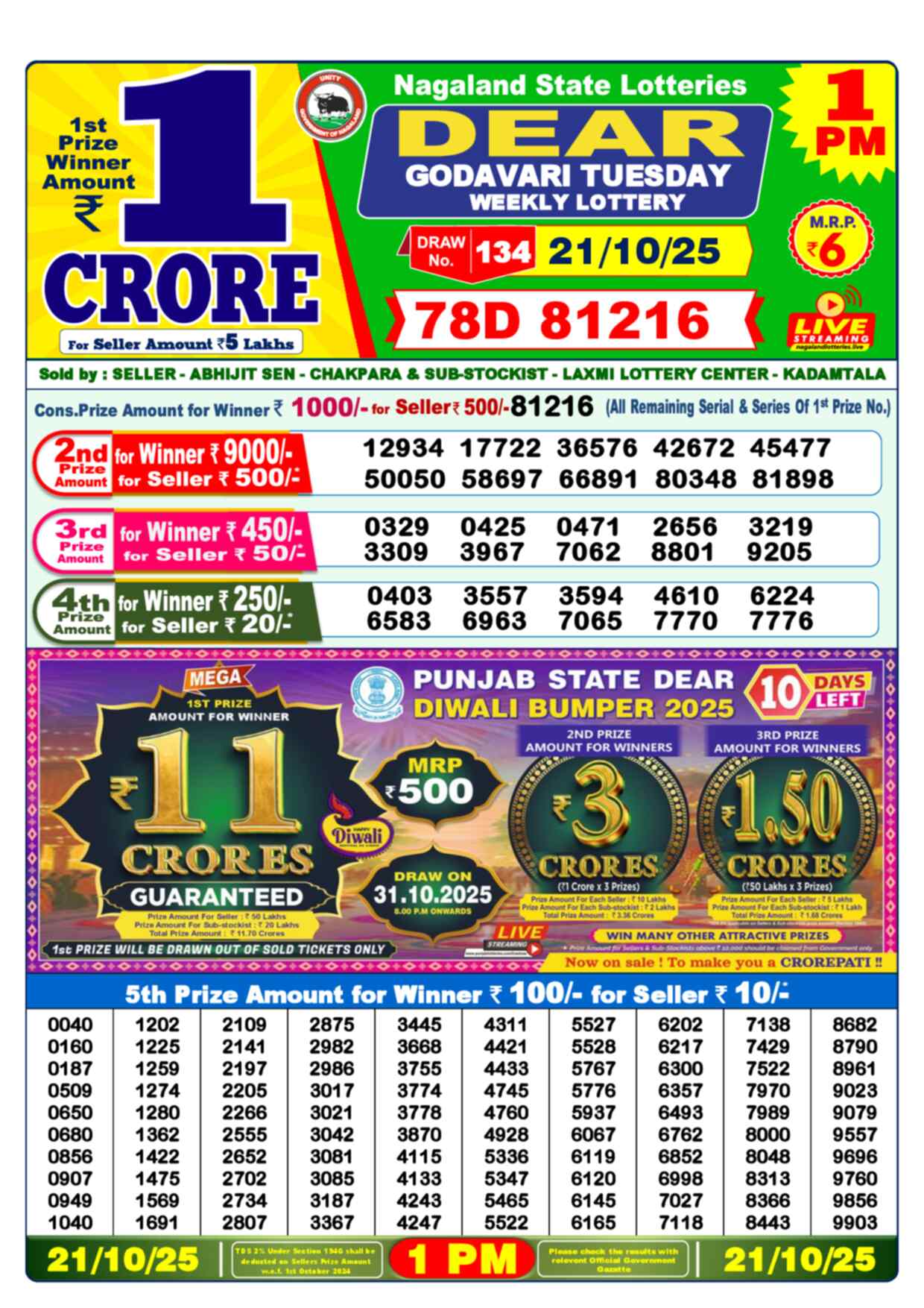 Lottery Sambad 21.10.25 Dear Lottery 1 PM October 21, 2025