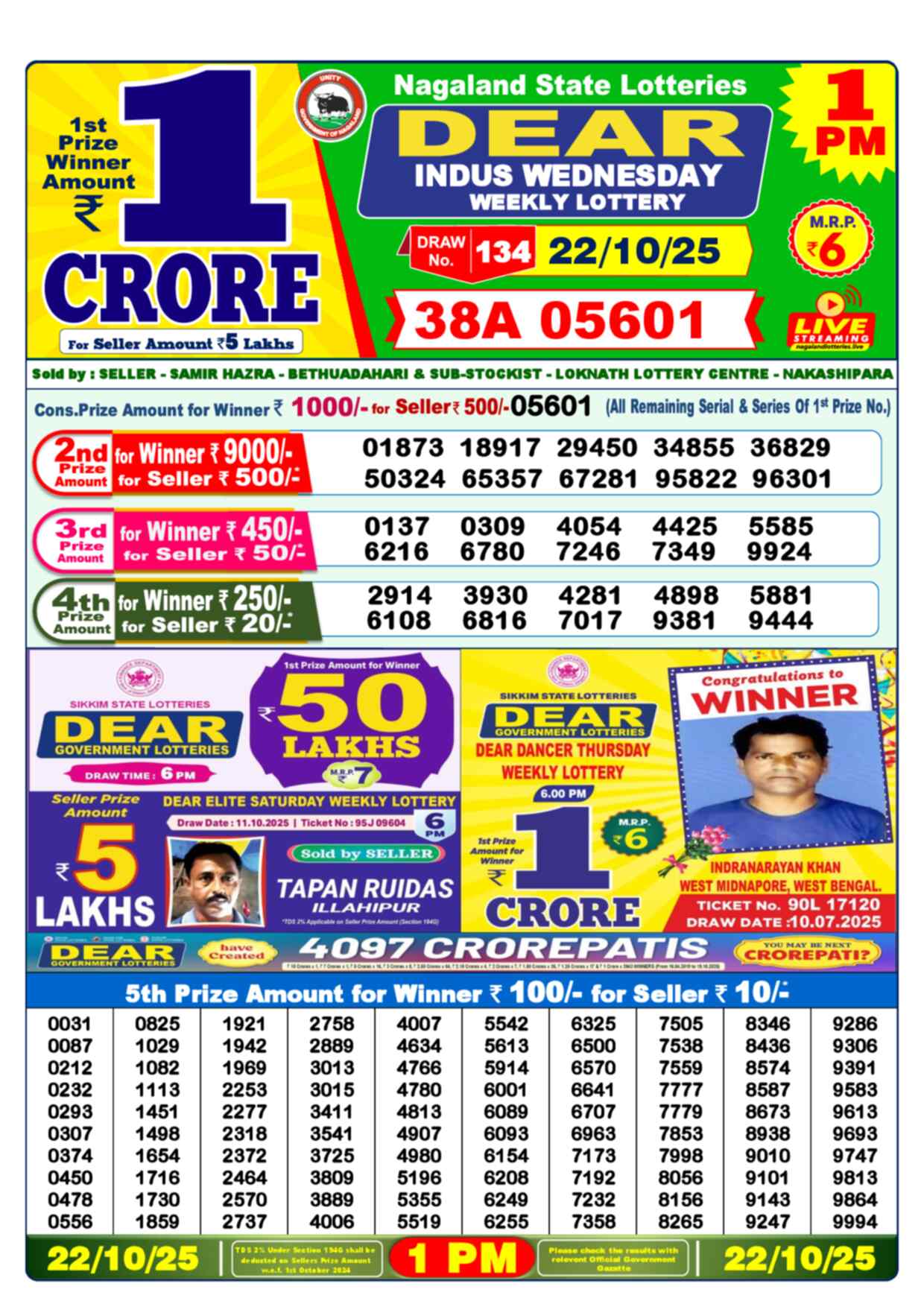 Lottery Sambad 22.10.25 Dear Lottery 1 PM October 22, 2025