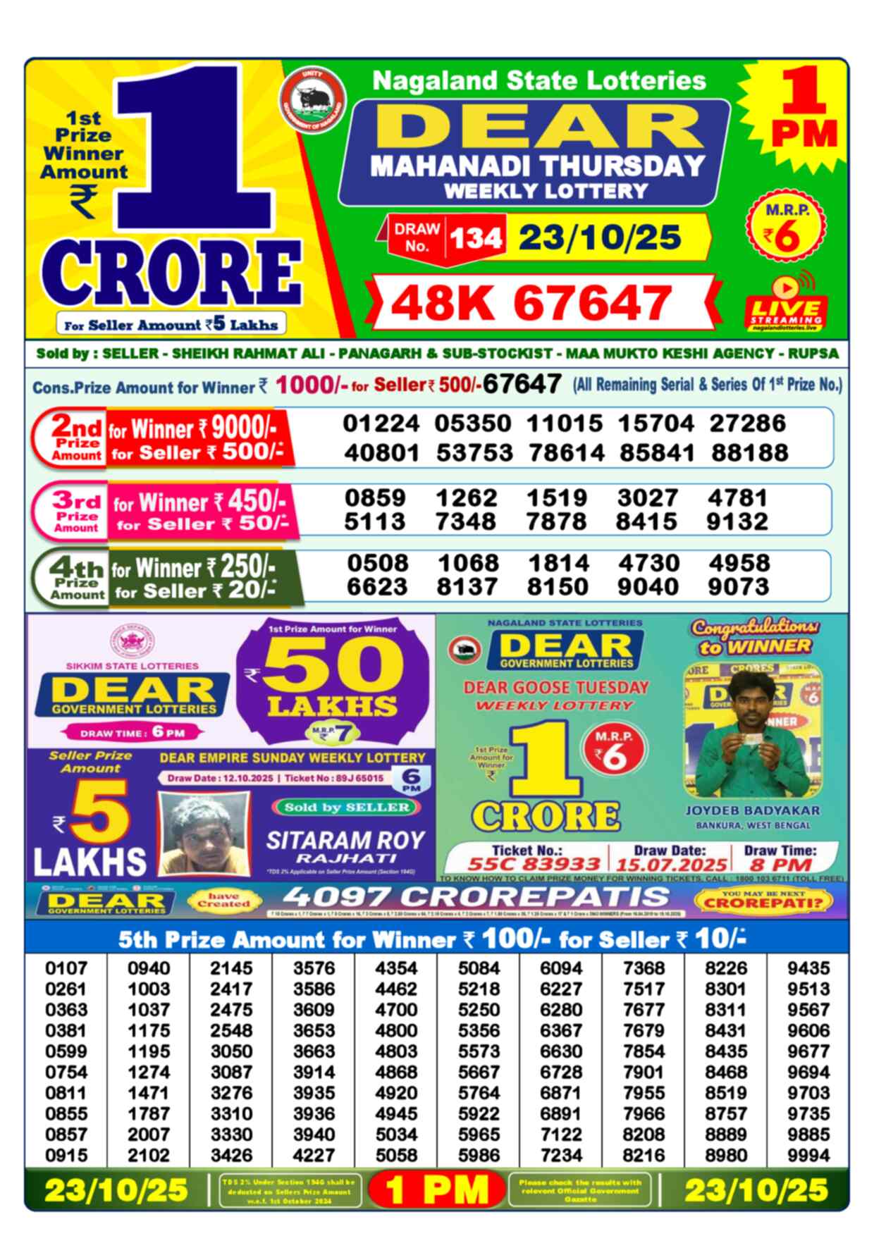 Lottery Sambad 23.10.25 Dear Lottery 1 PM October 23, 2025