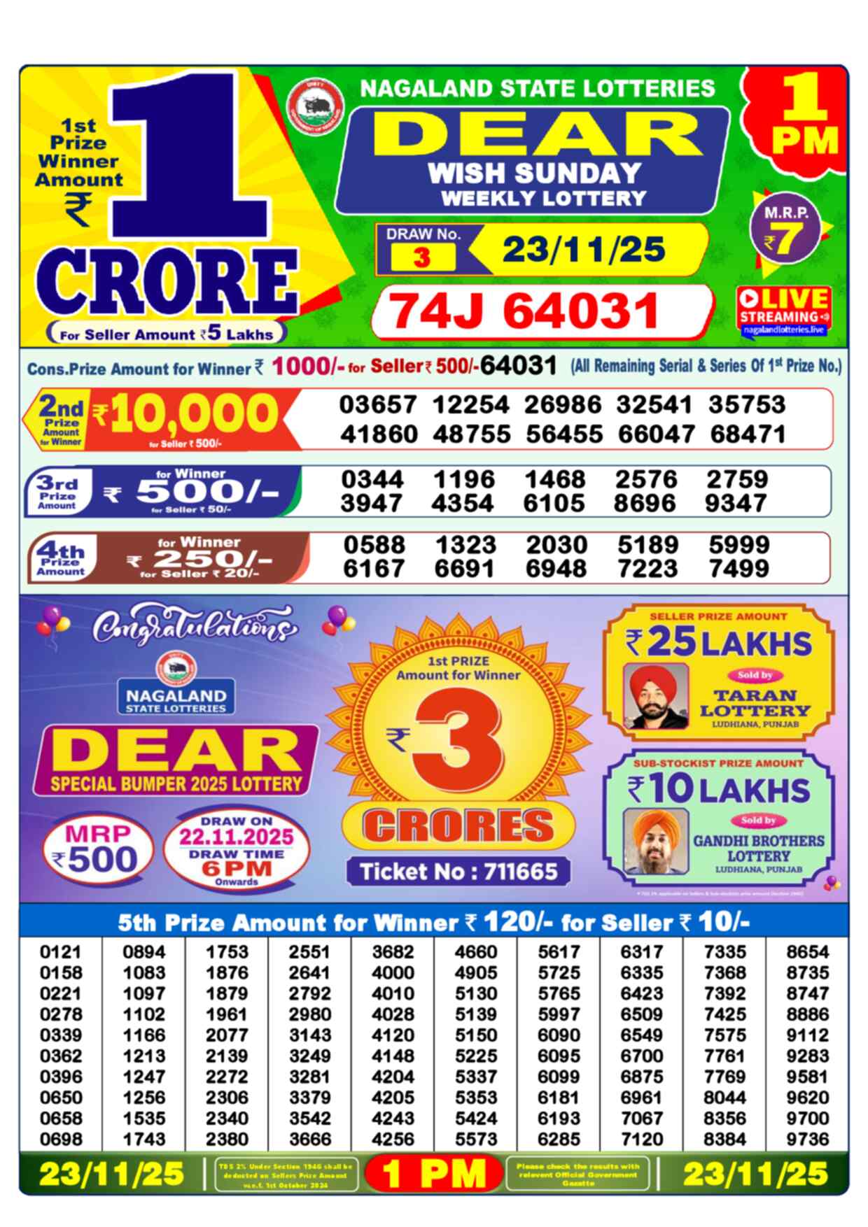 Lottery Sambad 23.11.25 Dear Lottery 1 PM November 23, 2025