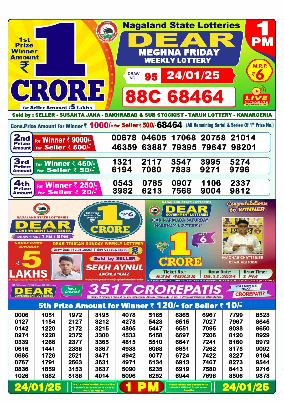 Lottery Sambad 24.01.25 Dear Lottery 1 PM January 24, 2025