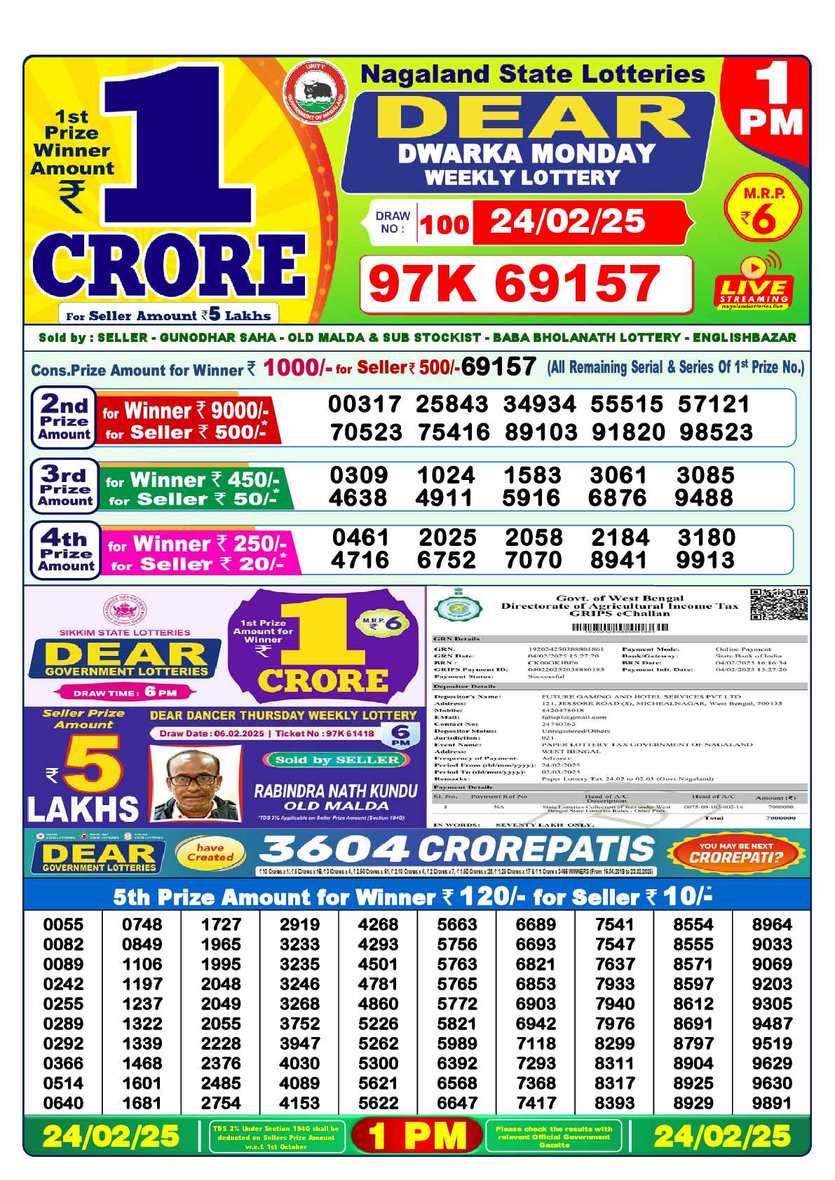 Lottery Sambad 24.02.25 Dear Lottery 1 PM February 24, 2025