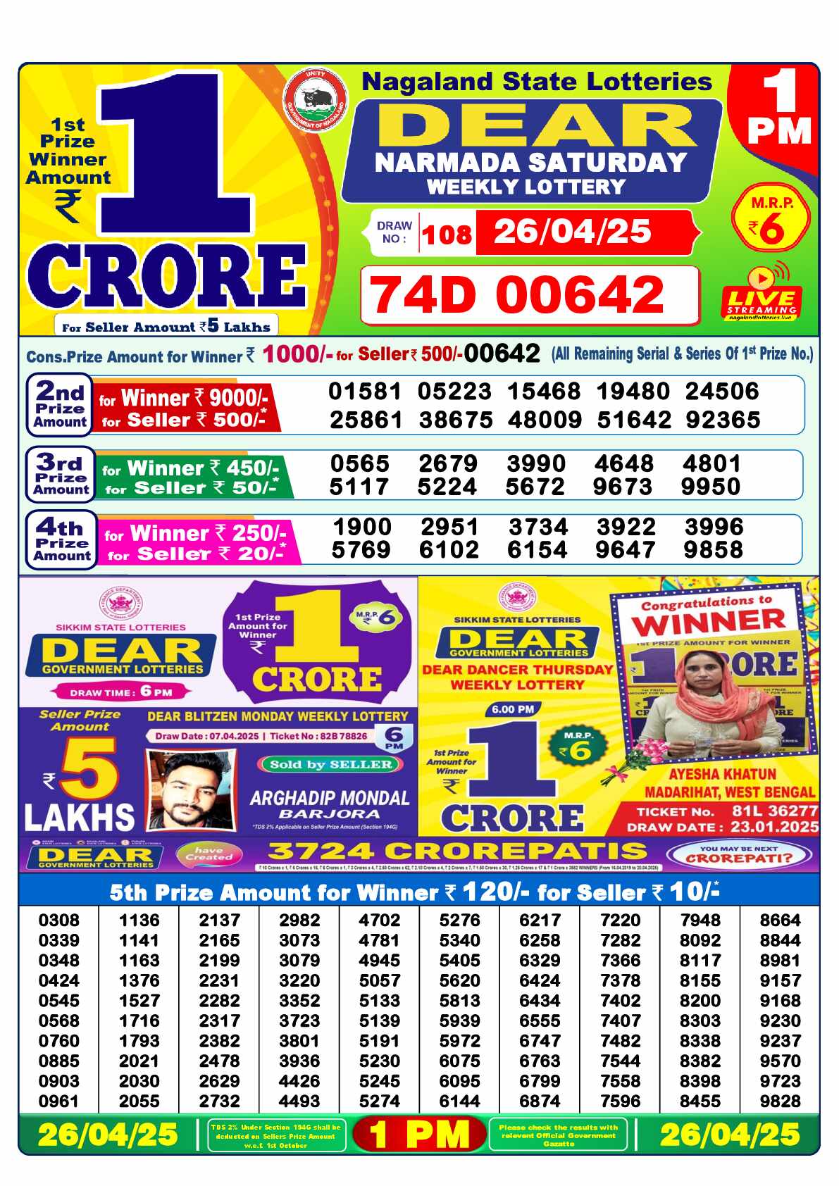 Lottery Sambad 26.04.25 Dear Lottery 1 PM April 26, 2025