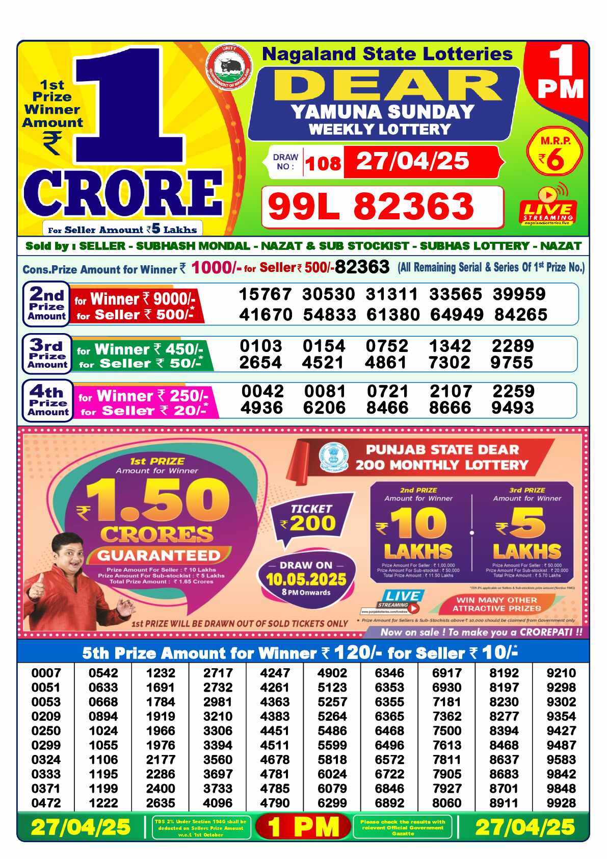 Lottery Sambad 27.04.25 Dear Lottery 1 PM April 27, 2025