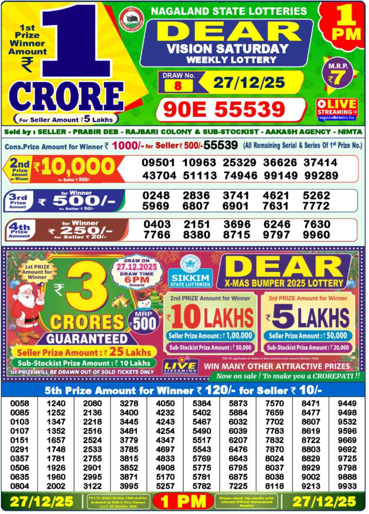 Lottery Sambad 27.12.25 Dear Lottery 1 PM December 27, 2025