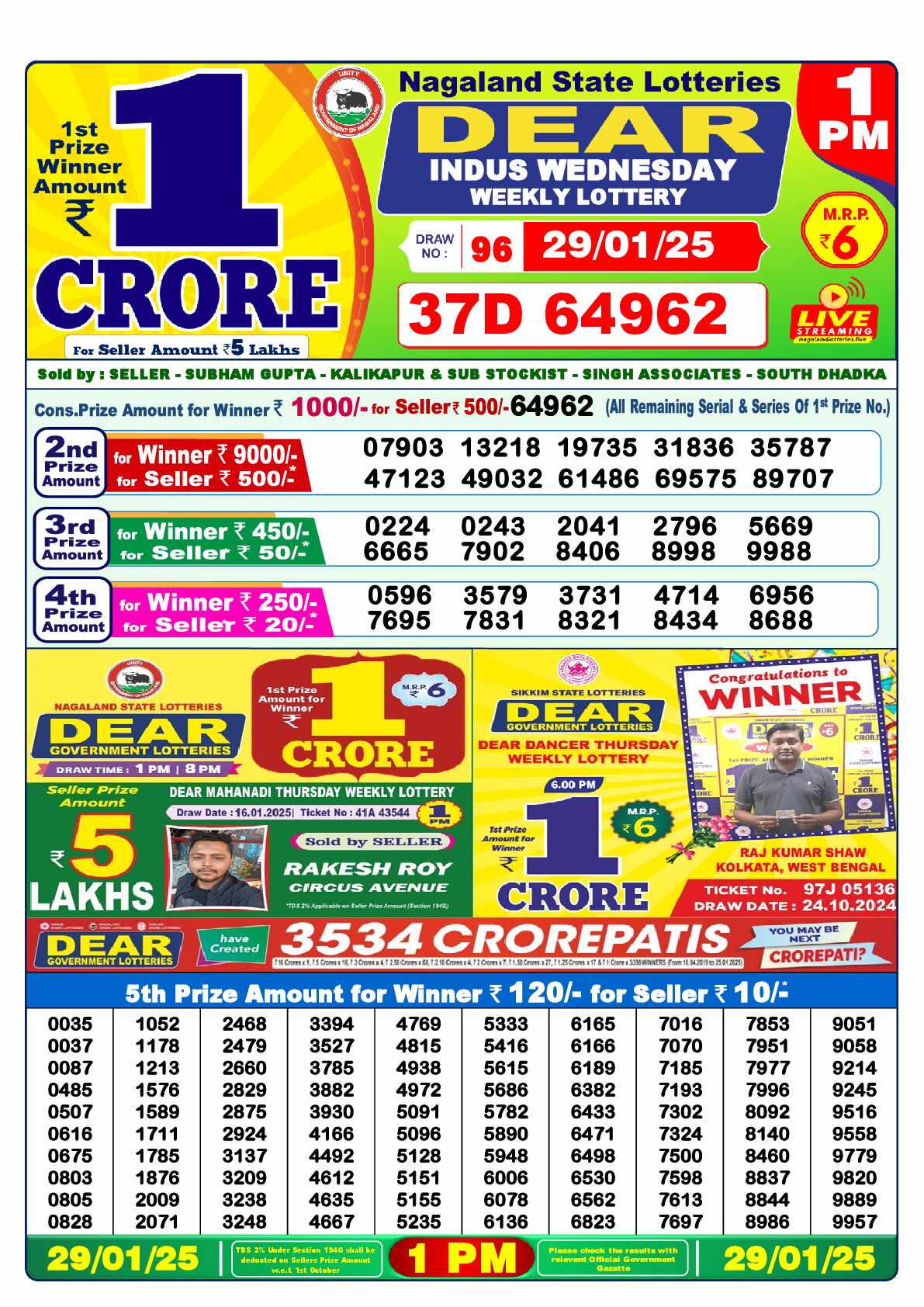 Lottery Sambad 29.01.25 Dear Lottery 1 PM January 29, 2025