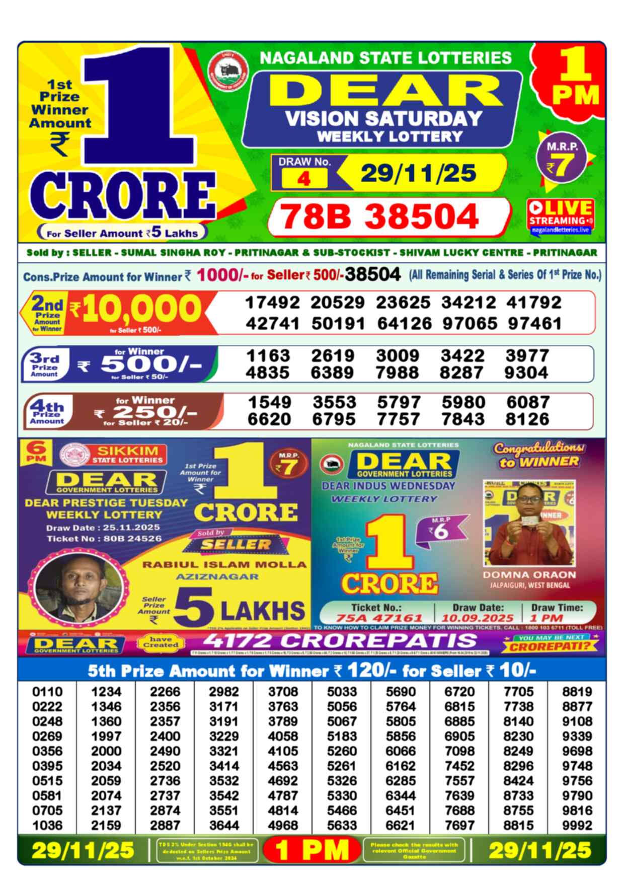Lottery Sambad 29.11.25 Dear Lottery 1 PM November 29, 2025