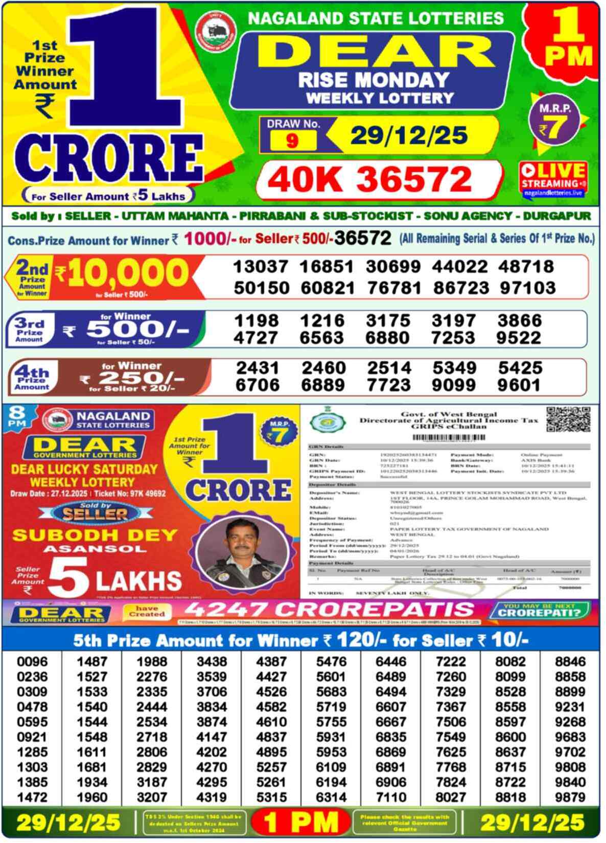 Lottery Sambad 29.12.25 Dear Lottery 1 PM December 29, 2025