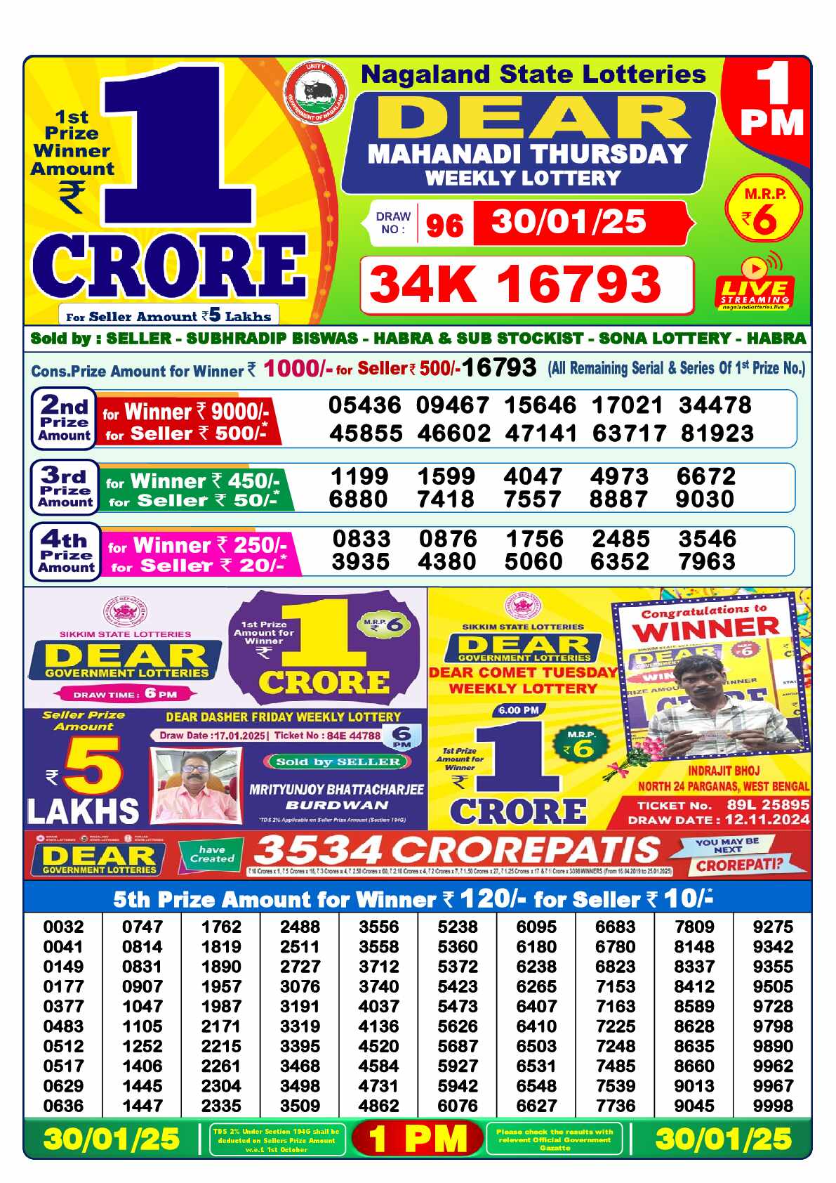 Lottery Sambad 30.01.25 Dear Lottery 1 PM January 30, 2025