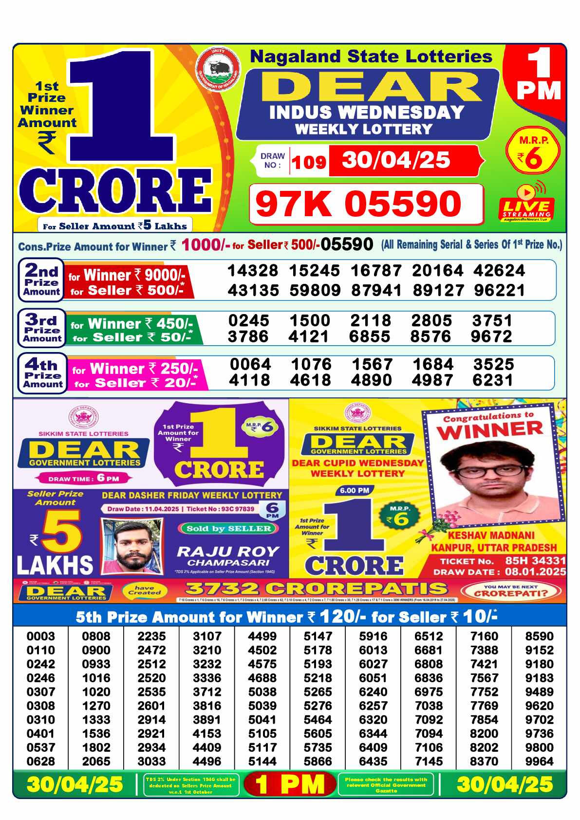 Lottery Sambad 30.04.25 Dear Lottery 1 PM April 30, 2025