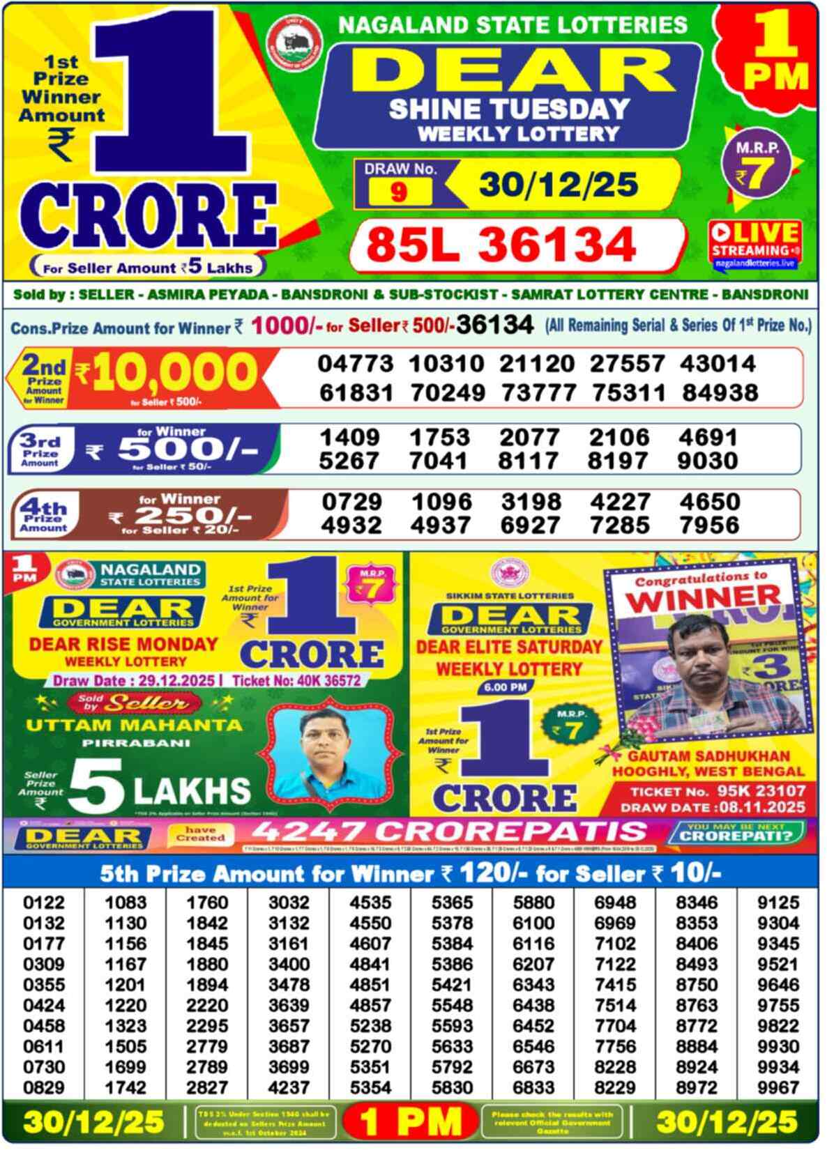 Lottery Sambad 30.12.25 Dear Lottery 1 PM December 30, 2025