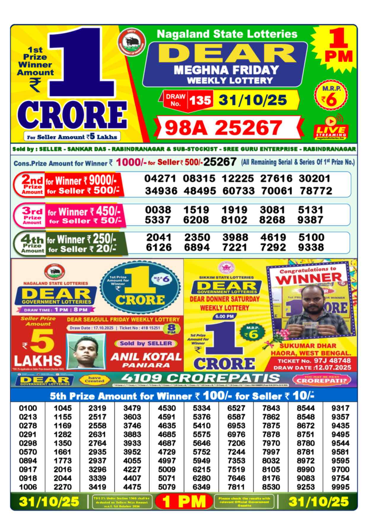 Lottery Sambad 31.10.25 Dear Lottery 1 PM October 31, 2025